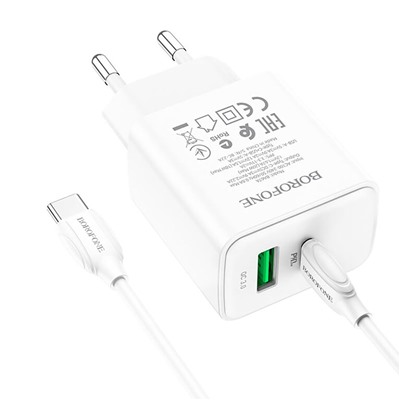 Адаптер Сетевой с кабелем Borofone BA67A PD QC3.0 USB/Type-C 3A/20W (Type-C/Type-C) (white)