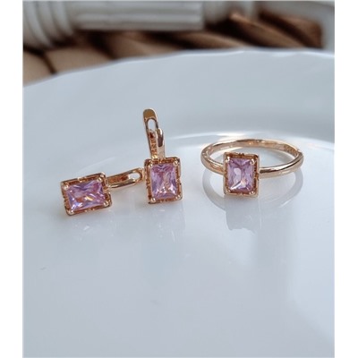 Комплект коллекция "Дубай", покрытие позолота с камнем, цвет розовый, серьги, кольцо р-р 19, А101430, арт.747.537