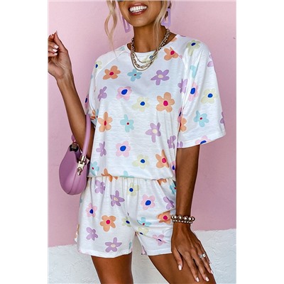 White Flower Print Short Sleeve High Waist Two Piece Shorts Set