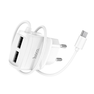 Адаптер Сетевой с кабелем Hoco C59A Mega Joy 2USB 2,4A/10W (USB/Type-C) (white)