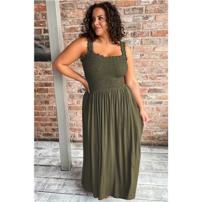 Jungle Green Shirred Bust Sleeveless Plus Size Maxi Dress