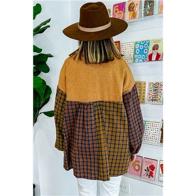 Mustard Contrast Plaid Print Puff Sleeve Shirt