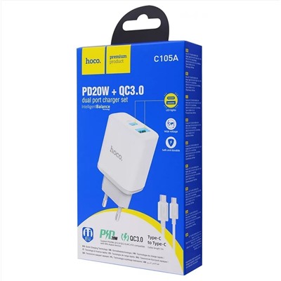 Адаптер Сетевой Hoco C105A PD QC3.0 USB/Type-C 20W (white)