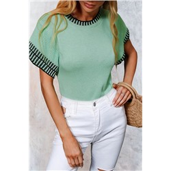 Mint Green Contrast Trim Round Neck Batwing Sleeve Knitted Top