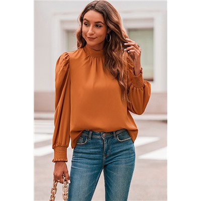 Orange Long Bubble Sleeve Mock Neck Chiffon Blouse