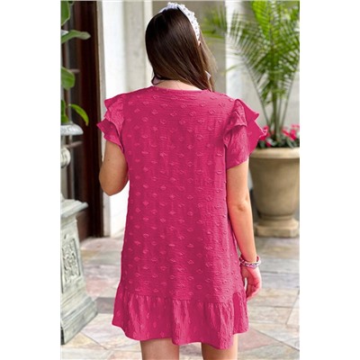 Strawberry Pink Plus Size Jacquard Short Ruffle Sleeve Mini Dress