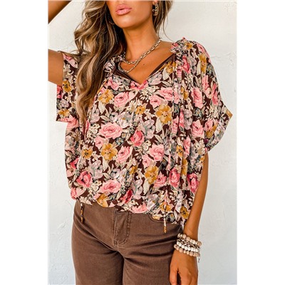 Pink Floral Print Bubble Hem Split Neck Blouse