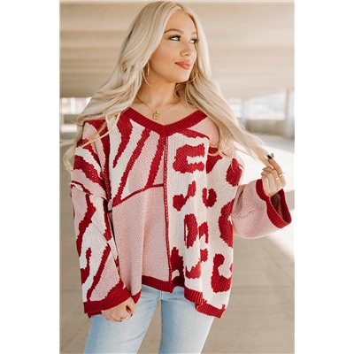 Red Mix Pattern Knit Ribbed Trim Oversize Sweater