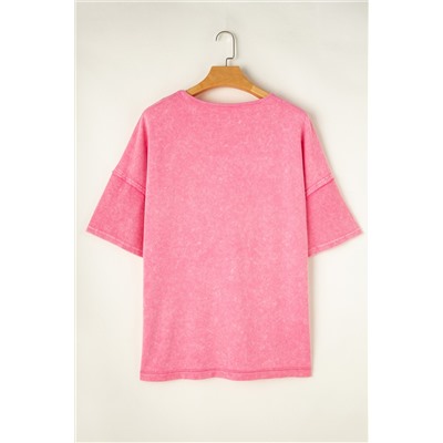 Strawberry Pink Mineral Wash Drop Sleeve Patchwork Plus Tee