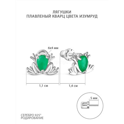 Серьги-пусеты из серебра с пл.зелёным кварцем родированные