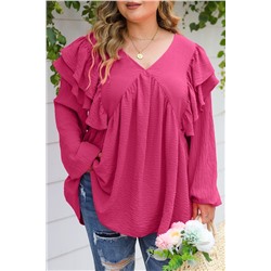 Pink Crinkle Ruffled V Neck Plus Size Blouse