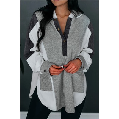 Gray Color Block Exposed Seam Buttoned Neckline Hoodie