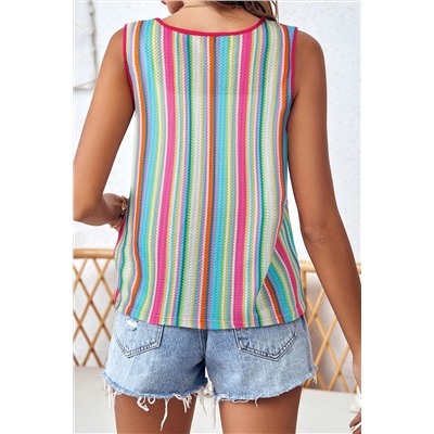 Rose Stripe Rainbow Eyelet Knit Button Decor Tank Top