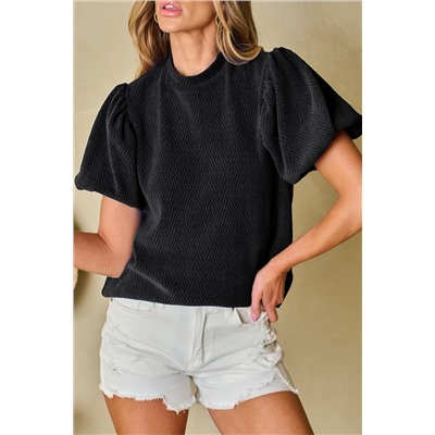 Black Solid Textured Puff Sleeve Mock Neck Blouse