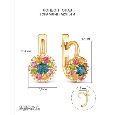 Кольцо из золочёного серебра с лондон-топазом, турмалином и фианитами