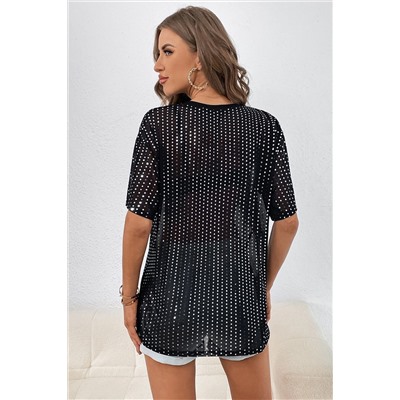 Black Sequin Drop Shoulder Sheer T-shirt