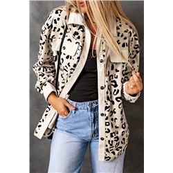 Apricot Collared Neckline Flap Pockets Leopard Corduroy Jacket