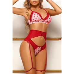 Красное сексуальное кружевное атласное белье с сердечками бюстгальтер без косточек и трусики стринг