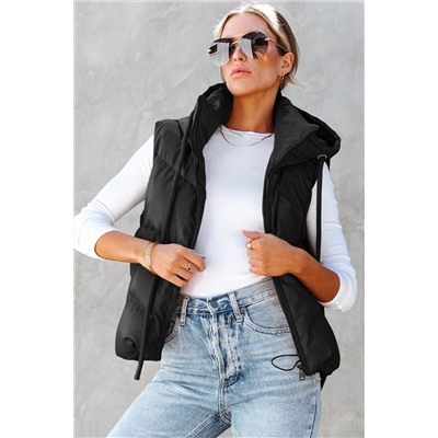 Black Sleek Quilted Puffer Hooded Vest Coat