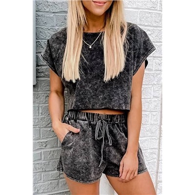 Black Acid Washed Short Lounge Set