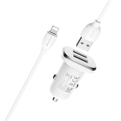 Адаптер Автомобильный с кабелем Borofone BZ12 Lasting 2USB/5V/2.4A +Lightning (white)