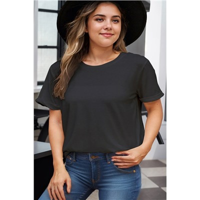 Black Round Neck Rolled Sleeve Plus Size T-shirt