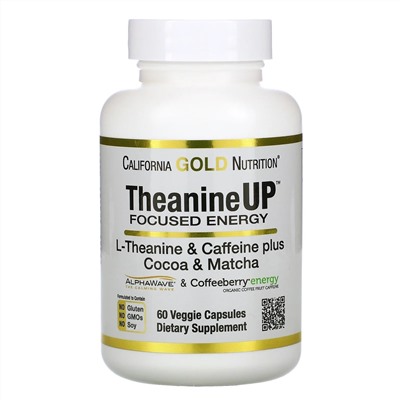 California Gold Nutrition, TheanineUP, сфокусированная энергия, L-теанин и кофеин, 60 растительных капсул