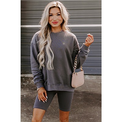 Dark Grey Solid Color Pullover and Skinny Shorts Two Piece Set