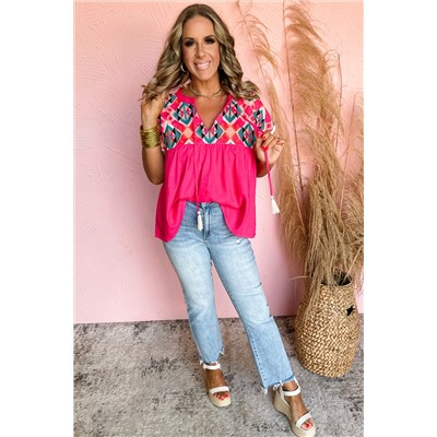 Strawberry Pink Geometric Embroidered Tassel Tie V Neck Blouse