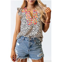 Leopard Ruffle Sleeve Embellished V-neck Blouse