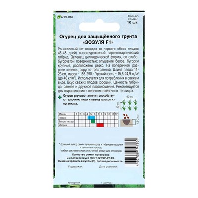 Семена Огурец «Зозуля», F1, раннеспелый, патернокарпический, 10 шт.