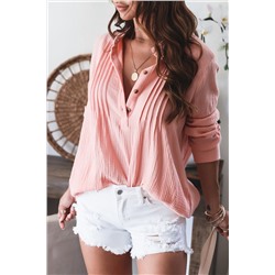 Pink Pleated Half Buttoned Waffle Knit Blouse