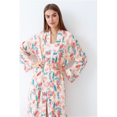 9337 Костюм из кимоно и брюк-палаццо с принтом "листья" бежевый