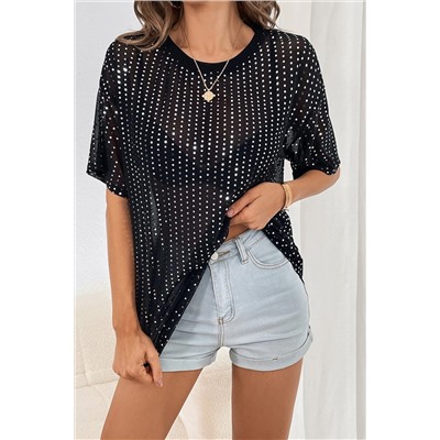 Black Sequin Drop Shoulder Sheer T-shirt