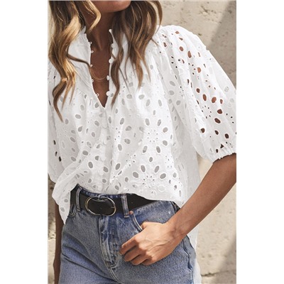 White Flower Embroidered Hollow-out Puff Sleeve Blouse