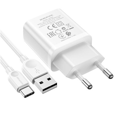 Адаптер Сетевой с кабелем Borofone BA52A Gamble (повр. уп.) USB 2,1A/10W (USB/Type-C) (white)