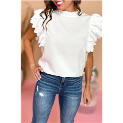 White Solid Color Scalloped Ruffle Sleeve Top