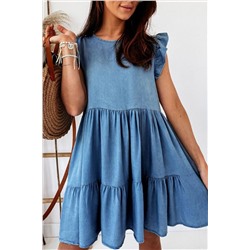 Голубое многоярусное платье без рукавов с рюшами