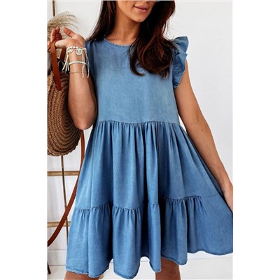 Голубое многоярусное платье без рукавов с рюшами