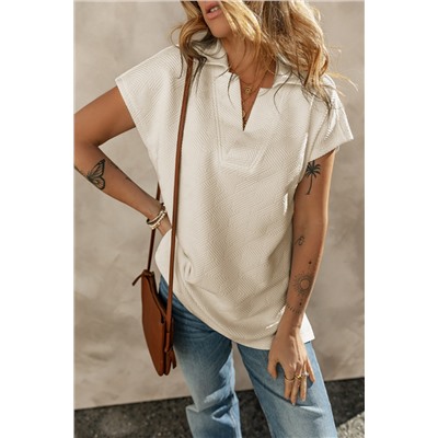 Apricot Textured V Neck Collared Short Sleeve Top