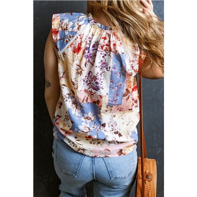 Multicolour Floral Print Split V Neck Lace Trim Cap Sleeve Blouse