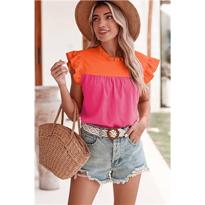 Orange Two Tone Ruffled Flutter Sleeve Blouse