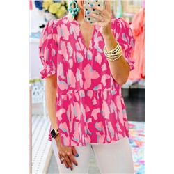 Rose Abstract Print Smocked Puff Sleeve V Neck Blouse