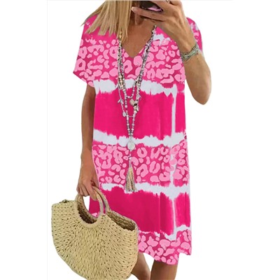 Розовое леопардовое платье-футболка с V-образным вырезом