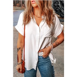 White Chest Pocket Buttoned Rolled Short Sleeve Shirt