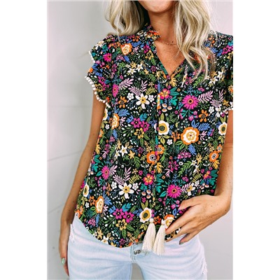 Black Lace Trim Flutter Sleeve Tropical Floral Blouse