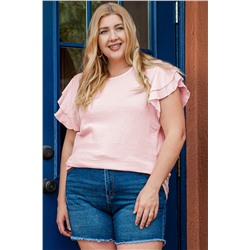 Light Pink Plus Size Crinkle Textured Ruffle Sleeve Top