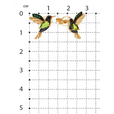 Серьги-пусеты из золочёного серебра с пл.кварцем цв.хризолит,чёрный и фианитами - Колибри 925 пробы Са-014зч106233