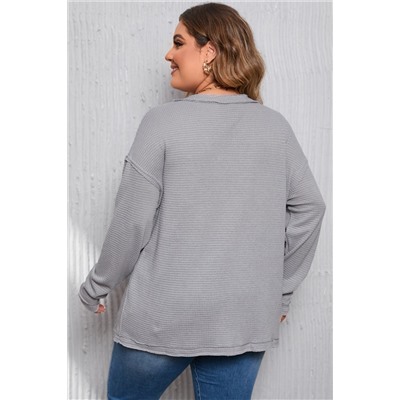 Gray Plus Size V Neck Raw Edge Long Sleeve Top