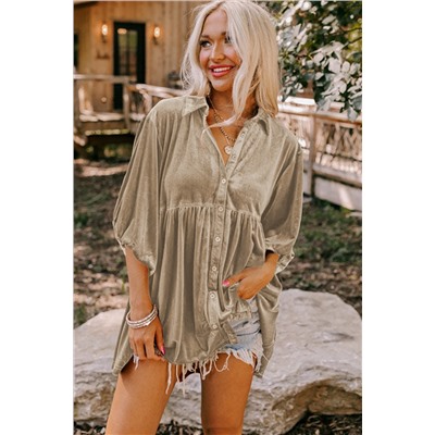 Pale Khaki 3/4 Sleeve Tunic Babydoll Velvet Shirt